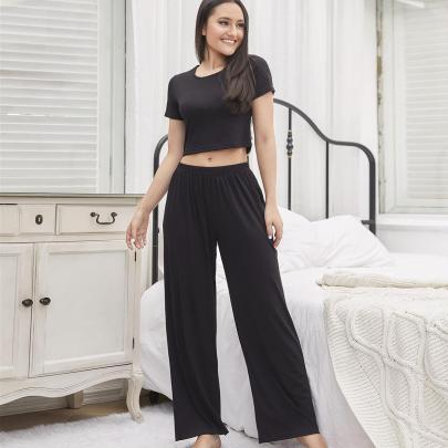 Short-sleeved Round Neck Wide-leg Solid Color Top Trousers Loungewear-Can Be Worn Outside NSWFC130738