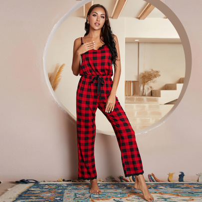 Sling Low-cut Backless Slim Plaid Lace One-piece Pajamas Loungewear-Can Be Worn Outside NSWFC130741