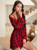 long aleeve v neck lace-up slim plaid Nightgown Loungewear-Can be worn outside NSWFC130750