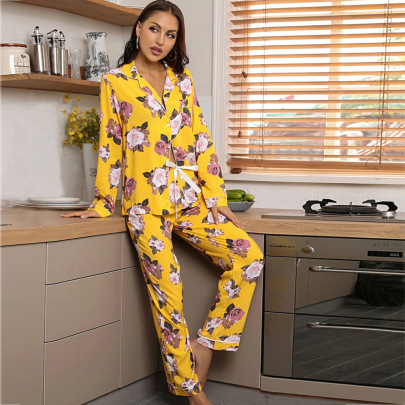 Lapel Long-sleeved Loose Flower Print Top Trousers Loungewear-Can Be Worn Outside NSWFC130751