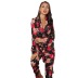 lapel long-sleeved loose v neck lace-up flower print tops trousers Loungewear-Can be worn outside NSWFC130752