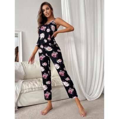 Sleeveless Slim High Waist Flower Print Tops Trousers Loungewear-Can Be Worn Outside NSWFC130759
