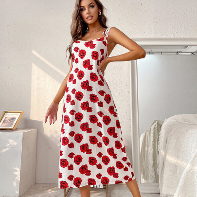 Sling Backless Slim Flower Print Nightdress-Can Be Worn Outside NSWFC130763