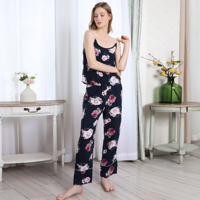 Backless Sling Loose Flower Print Vest Trousers Pajamas Set NSWFC130773