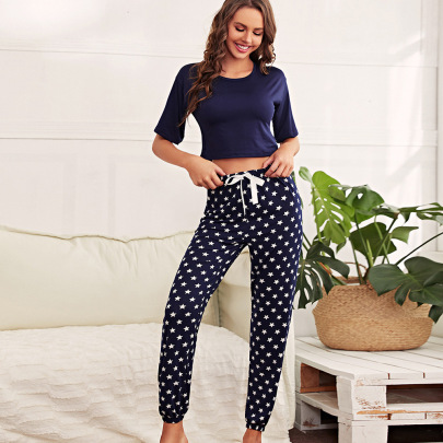 Slim Short-sleeved Round Neck Stars Print Top Trousers Loungewear-Can Be Worn Outside NSWFC130775