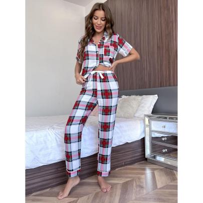 Short-sleeved Loose Lapel Plaid Top Trousers Loungewear-Can Be Worn Outside NSWFC130776