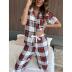 short-sleeved loose lapel plaid top trousers Loungewear-Can be worn outside NSWFC130776