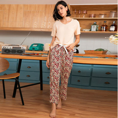 Short Sleeve Round Neck Loose Floral T-shirt Trousers Loungewear-Can Be Worn Outside NSWFC130777
