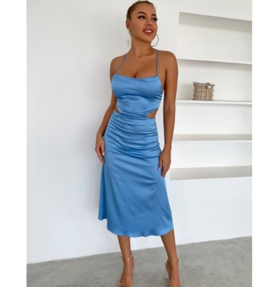 Backless Suspender Lace-up Slim Solid Color Simulation Silk Dress NSDWT130666