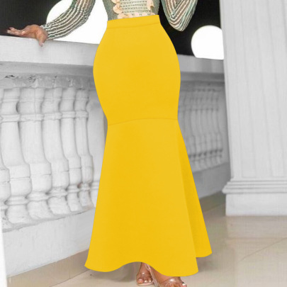 High-waisted Slim Fishtail Solid Color Skirt NSKNE130695