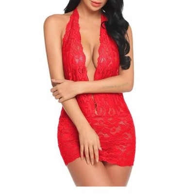 Sexy Hanging Neck Deep V Backless Slim Solid Color Lace Nightdress NSLTS130584