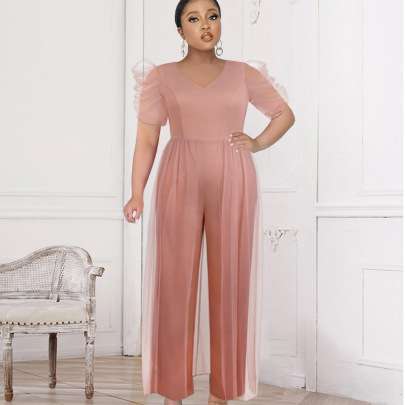 V-neck Stitching High-waisted Puff Sleeve Wide-leg Solid Color Mesh Jumpsuits NSKNE130786