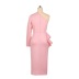 single-Shoulder Long Sleeve Ruffle High Waist slit solid color prom Dress NSKNE130798