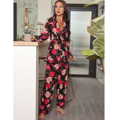 Lapel Long-sleeved Loose V Neck Lace-up Flower Print Tops Trousers Loungewear-Can Be Worn Outside NSWFC130752