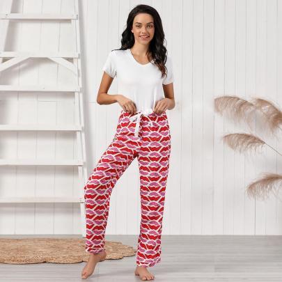 V Neck Short-sleeved Lip Print Top Trousers Loungewear-Can Be Worn Outside NSWFC130746
