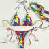 print hanging neck wrap chest lace-up bikini two-piece set NSOLY130869