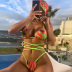 print hanging neck backless lace-up bikini thre-piece set with Headscarf NSOLY130871