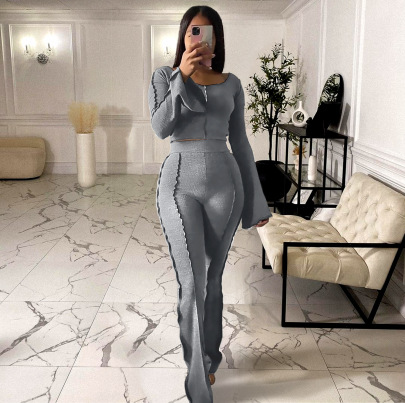 Solid Color Long Sleeve Slim Top And High Waist Flared Pants Two-piece Suit NSFH130914