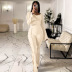 solid color long sleeve slim top and high waist flared pants two-piece suit NSFH130914