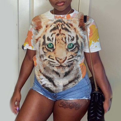 Plus Size Tiger Print Short Sleeve Casual Loose T-Shirt NSLBT131242