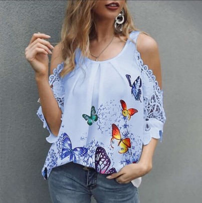 Butterfly Print Off-the-shoulder Hollow Loose Top NSFH130983