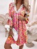 Vestido holgado bohemio de manga larga con cuello en V y costuras en color liso/estampado-Multicolor NSFH130987