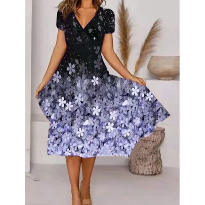 Short-sleeved Large Swing V Neck Flower Print Dress NSFH130989