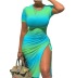 Print/Solid Color Short Sleeve Drawstring round neck slit tight Dress-Multicolor NSFH130993