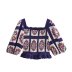 printed puff sleeve backless high waist square neck lace-up top skirt suit NSAM131045