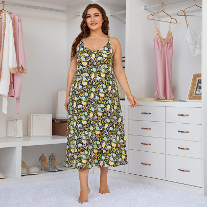 Plus Size Sling Backless Loose Floral Nightdress-Can Be Worn Outside NSWFC130822