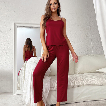 Conjunto De Pijama De Dos Piezas De Color Sólido De Cintura Alta Delgada Con Tirantes Sin Espalda NSWFC130807