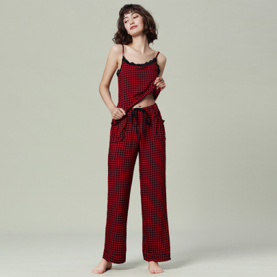 Suspender Loose High Waist Plaid Print Lace Pajamas Two-piece Set NSWFC130824