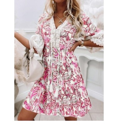 Lace Printing V-neck Trumpet Sleeves Lace-up Stitching Dress NSMS131014
