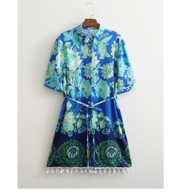 Breasted Printing Lapel Lace-up Short Sleeve Tassel Shirt Dress NSAM131057