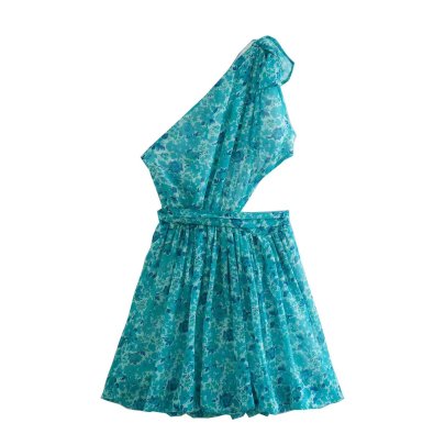Slim Sloping Shoulders Sleeveless Waistless Flower Print Dress NSAM131059
