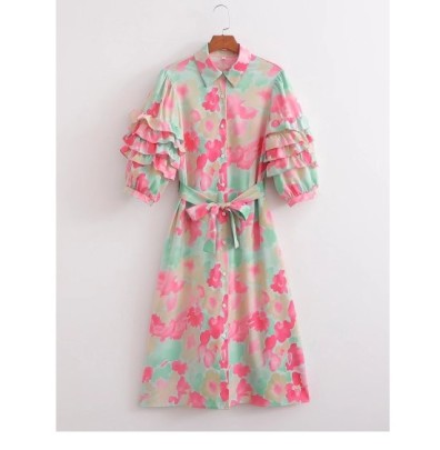 Single-breasted Flower Print Puff Sleeve Lapel Ruffle Lace-up Dress NSAM131053