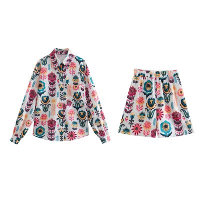 Long Sleeve High Waist Loose Lapel Flower Print Shirt And Shorts Suit NSAM131046