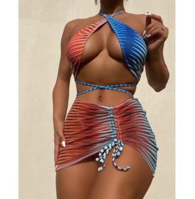 Gradient Print Cross Sling Backless Wrap Chest Bikini Three-piece Set NSCMB131000
