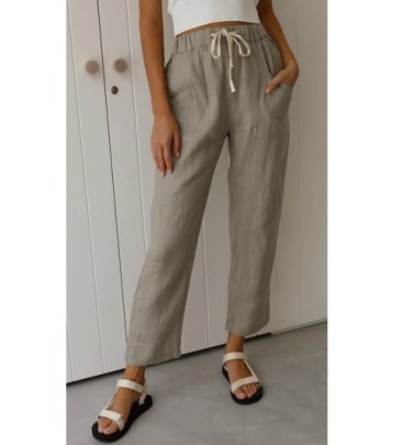 Casual High Waist Wide-leg Lace-up Solid Color Cotton And Linen Trousers-Multicolor NSFH130964