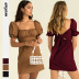 square collar puff sleeve backless lace-up solid color dress NSMDF131110