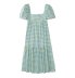 puff sleeve square neck backless lace-up plaid print dress NSAM131145