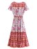V-neck short sleeve large swing lace-up slim flower printing dress NSAM131168