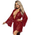 plus size loose lace-up long sleeve solid color lace see-through nightgown NSOYM131171