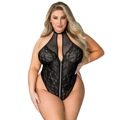 Plus Size Lace Zipper Solid Color Hanging Neck Backless One-piece Underwear NSOYM131181