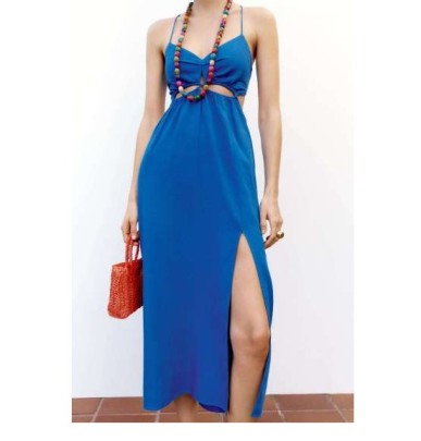 Cross Suspender Backless Lace-up Slit Solid Color Linen Dress NSAM131126