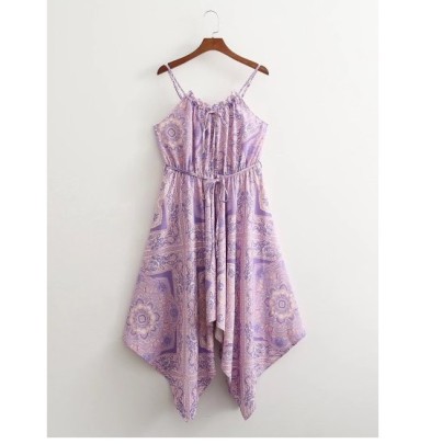 Print Irregular Hem Suspender Backless Lace-up Dress NSAM131160