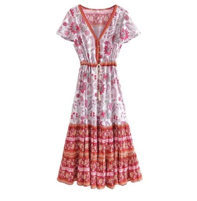 V-neck Short Sleeve Large Swing Lace-up Slim Flower Printing Dress NSAM131168