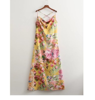 Slit Cross Suspender Backless Low-cut Lace-up Floral Dress NSAM131159