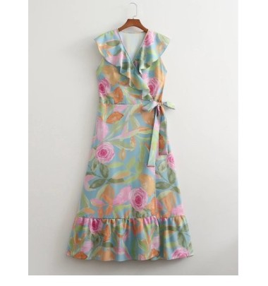 Ruffled V-neck Sleeveless Lace-up Flower Print Dress NSAM131142