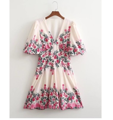 V-neck Puff Sleeve Slim Floral Print Dress NSAM131167